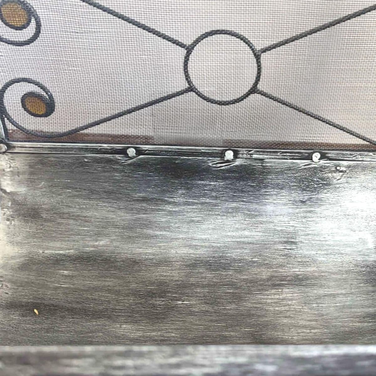 Art Deco Style Silver Toned Metal Mesh Firewood Holder Scrolling Metal Amber Glass Medallions - Thumbnail 7