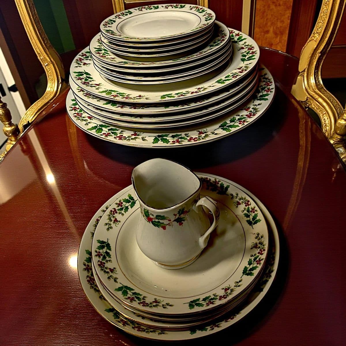 Late 20th Century Gibson Holiday Charm Holly Berry Dinnerware Place Setting for 4 - Set of 33 Pieces - Thumbnail 11