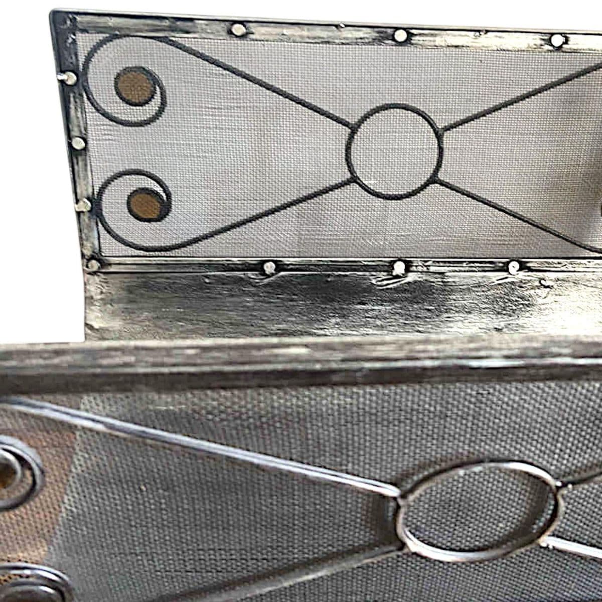 Art Deco Style Silver Toned Metal Mesh Firewood Holder Scrolling Metal Amber Glass Medallions - Thumbnail 5