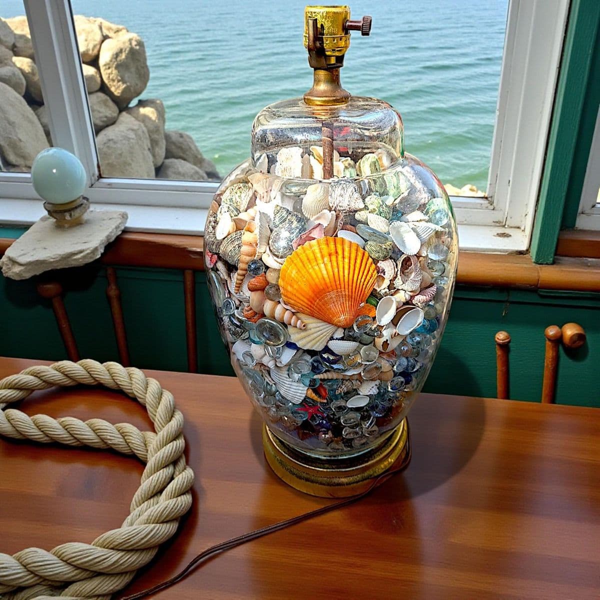 Colorful 1980s Mid-Century Modern Coastal Style Seashell Filled Glass Ginger Jar Table Lamp - Thumbnail 4