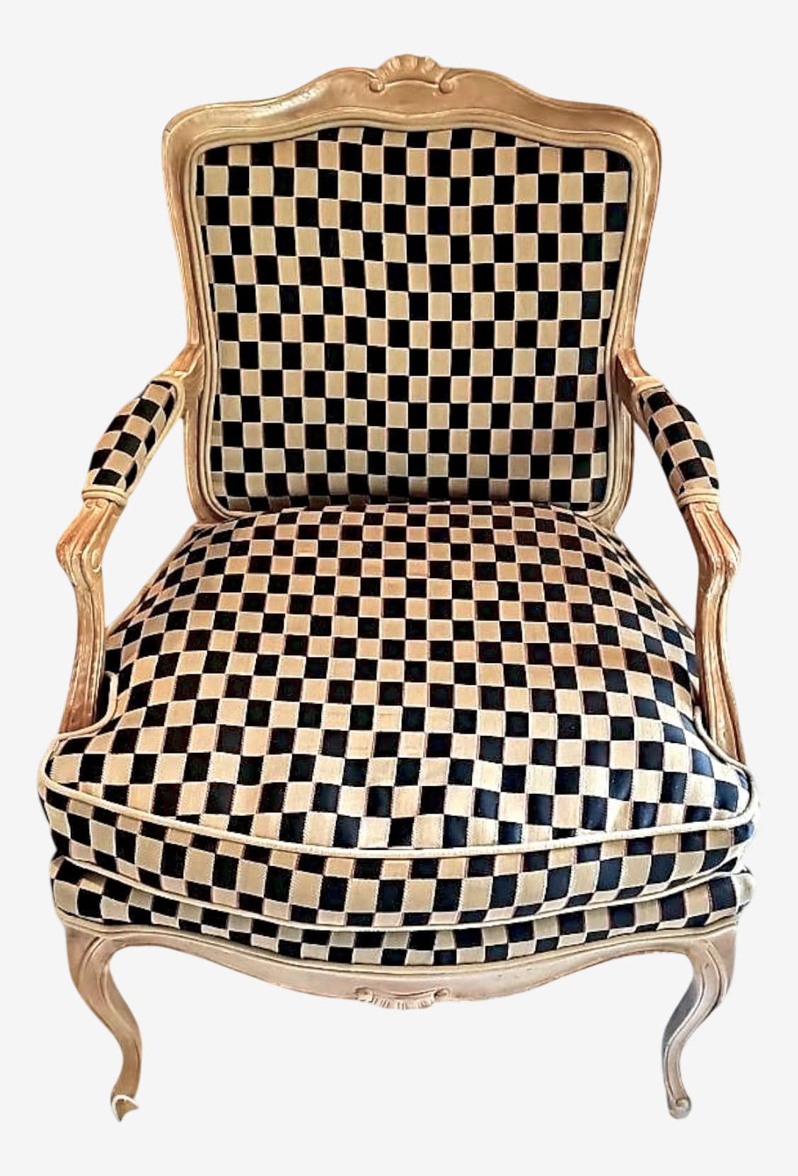1960’s Polychromed Beechwood Louis XV Checker Upholstered Fauteuil - Image 1
