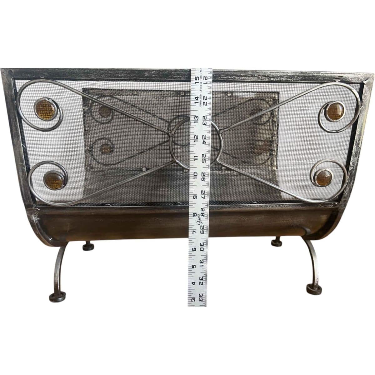 Art Deco Style Silver Toned Metal Mesh Firewood Holder Scrolling Metal Amber Glass Medallions - Thumbnail 9