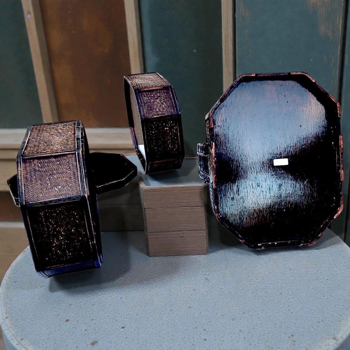 1950's 3 Tiered Octagonal Brass Handled Chinese Wedding Basket - Thumbnail 10