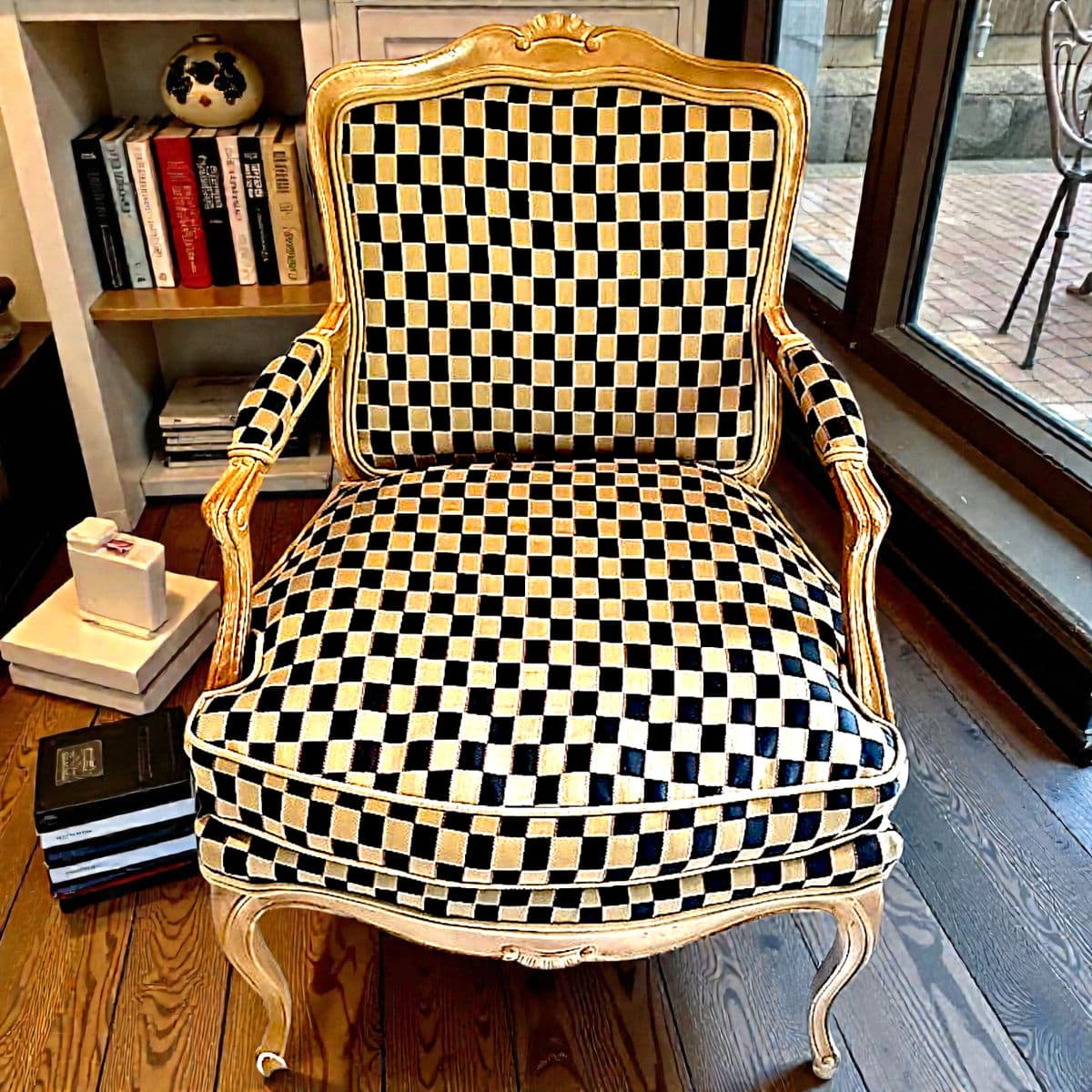1960’s Polychromed Beechwood Louis XV Checker Upholstered Fauteuil - Thumbnail 3