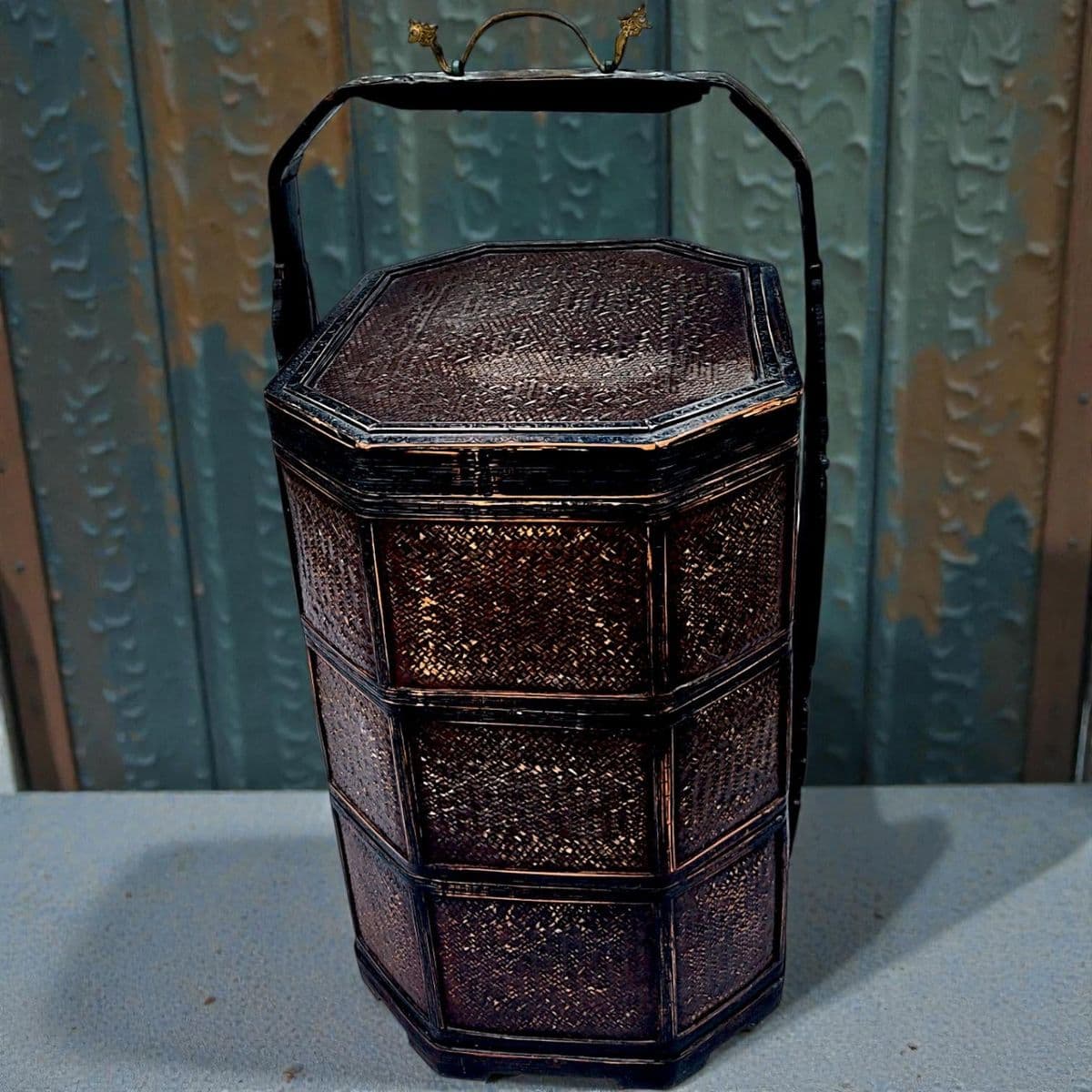1950's 3 Tiered Octagonal Brass Handled Chinese Wedding Basket - Thumbnail 3