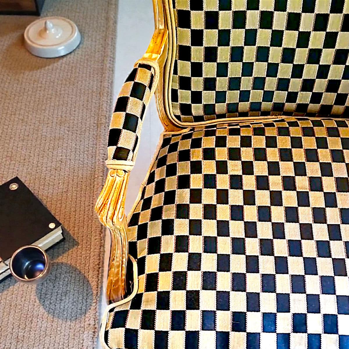 1960’s Polychromed Beechwood Louis XV Checker Upholstered Fauteuil - Thumbnail 4