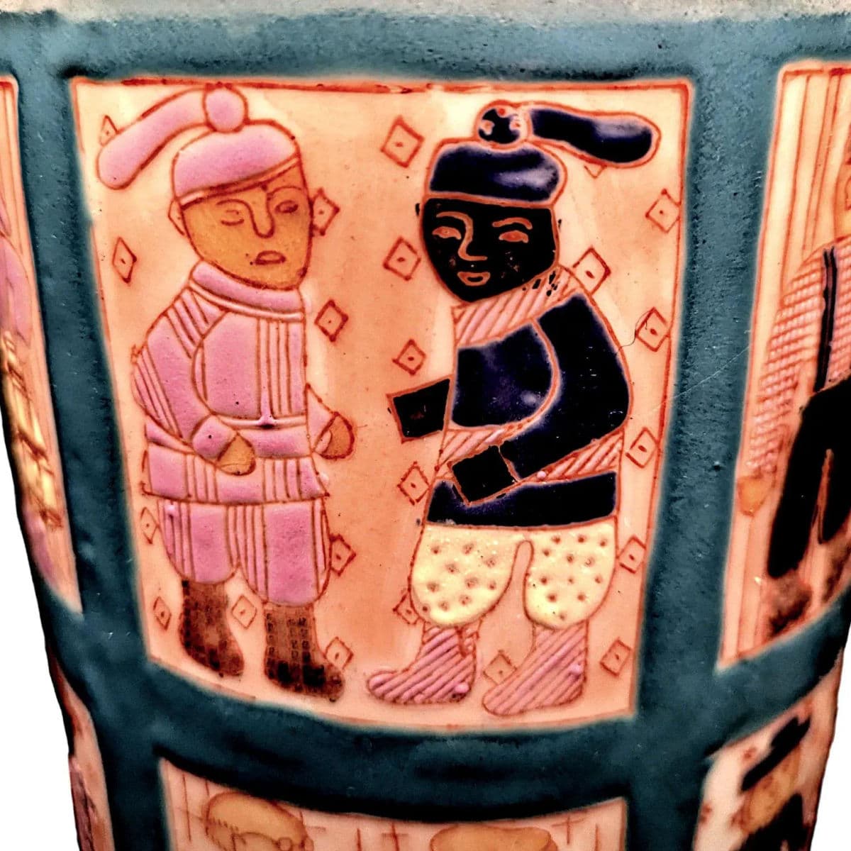 1960s Hand Painted Folk Art Quilt Inspired Table Lamp Unsigned With Edward Shade - Thumbnail 10