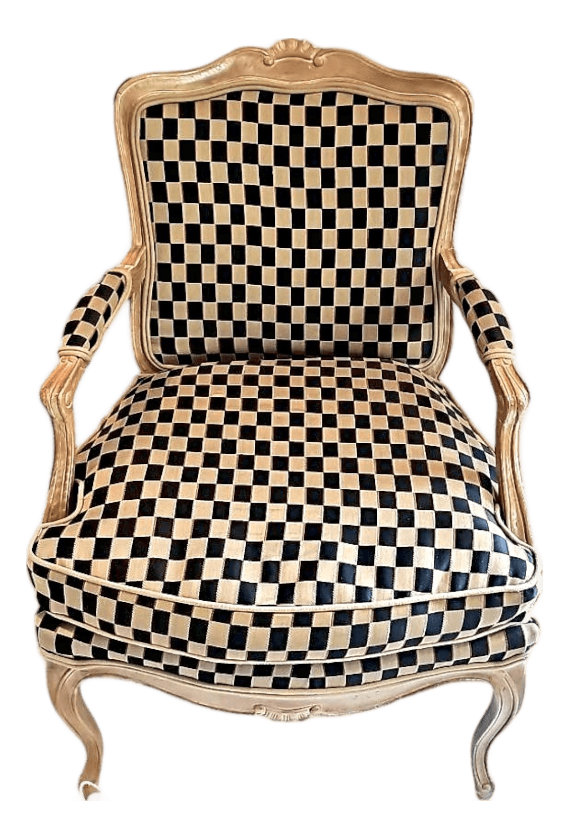 1960’s Polychromed Beechwood Louis XV Checker Upholstered Fauteuil - Thumbnail 2