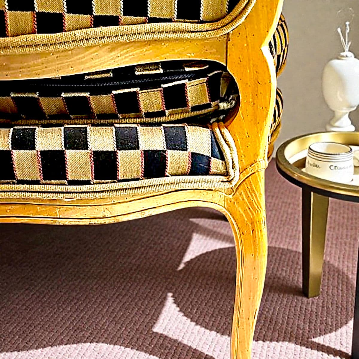 1960’s Polychromed Beechwood Louis XV Checker Upholstered Fauteuil - Thumbnail 18