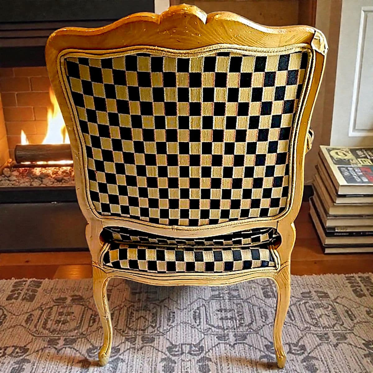1960’s Polychromed Beechwood Louis XV Checker Upholstered Fauteuil - Thumbnail 13