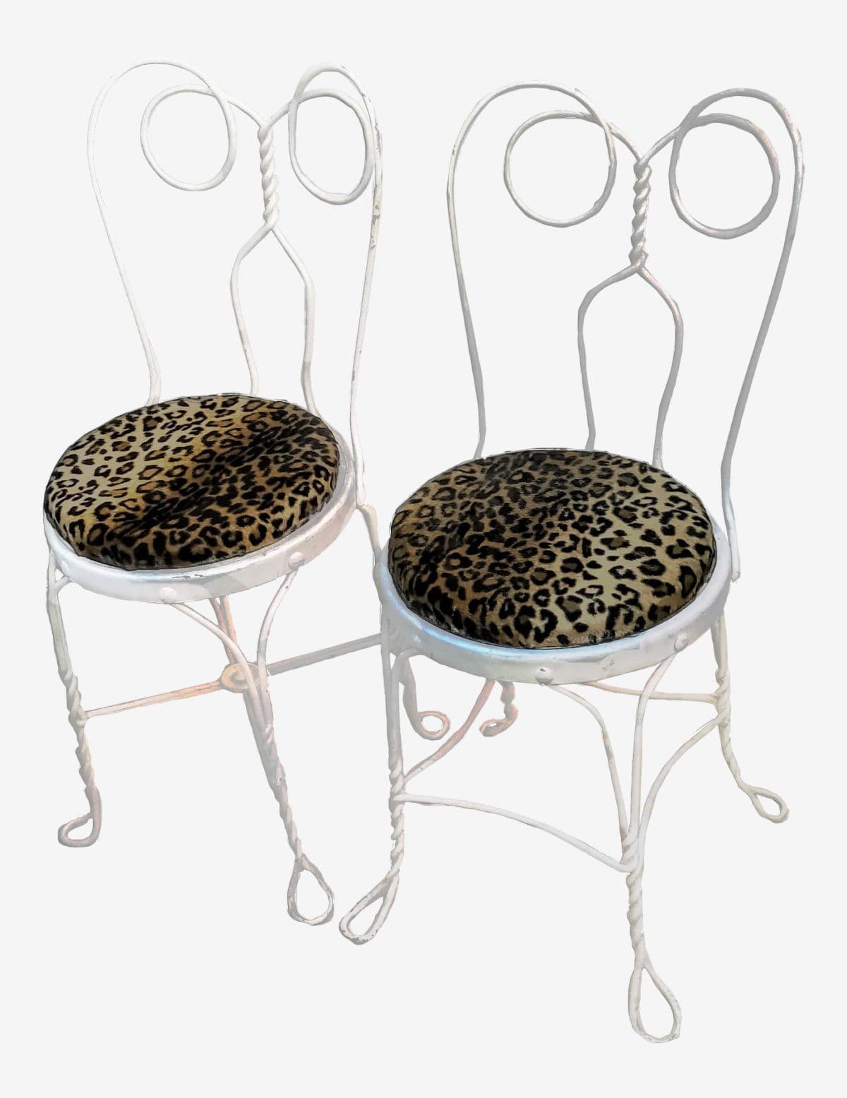 White Ice Cream Parlor "Spectacle" Style Wire Rod Chairs With Leopard Print Covered Seats - a Pair - Image 1
