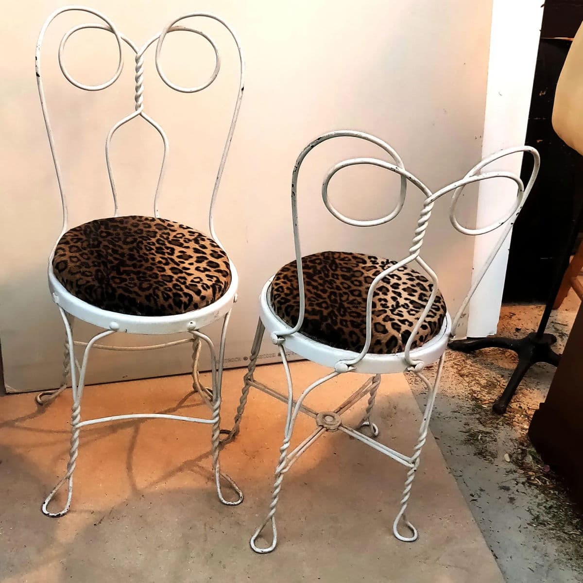 White Ice Cream Parlor "Spectacle" Style Wire Rod Chairs With Leopard Print Covered Seats - a Pair - Thumbnail 4
