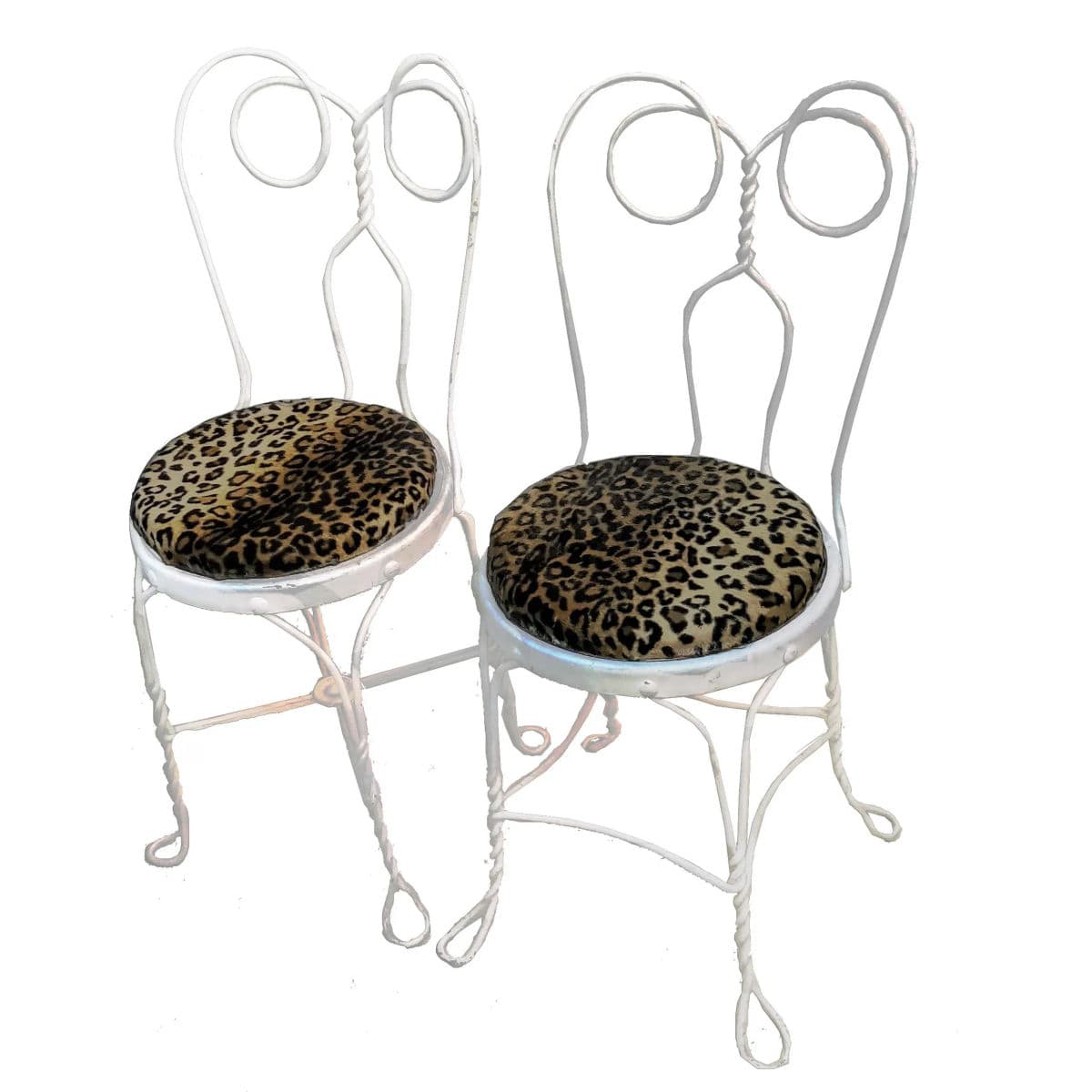 White Ice Cream Parlor "Spectacle" Style Wire Rod Chairs With Leopard Print Covered Seats - a Pair - Thumbnail 8