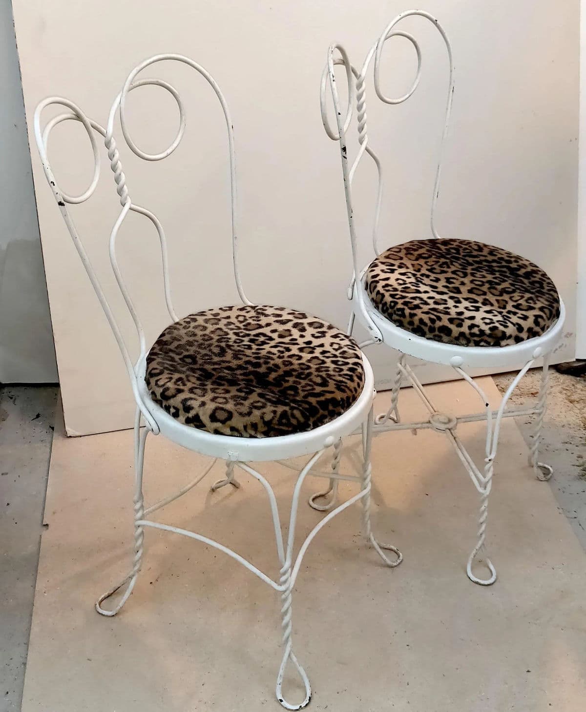 White Ice Cream Parlor "Spectacle" Style Wire Rod Chairs With Leopard Print Covered Seats - a Pair - Thumbnail 6