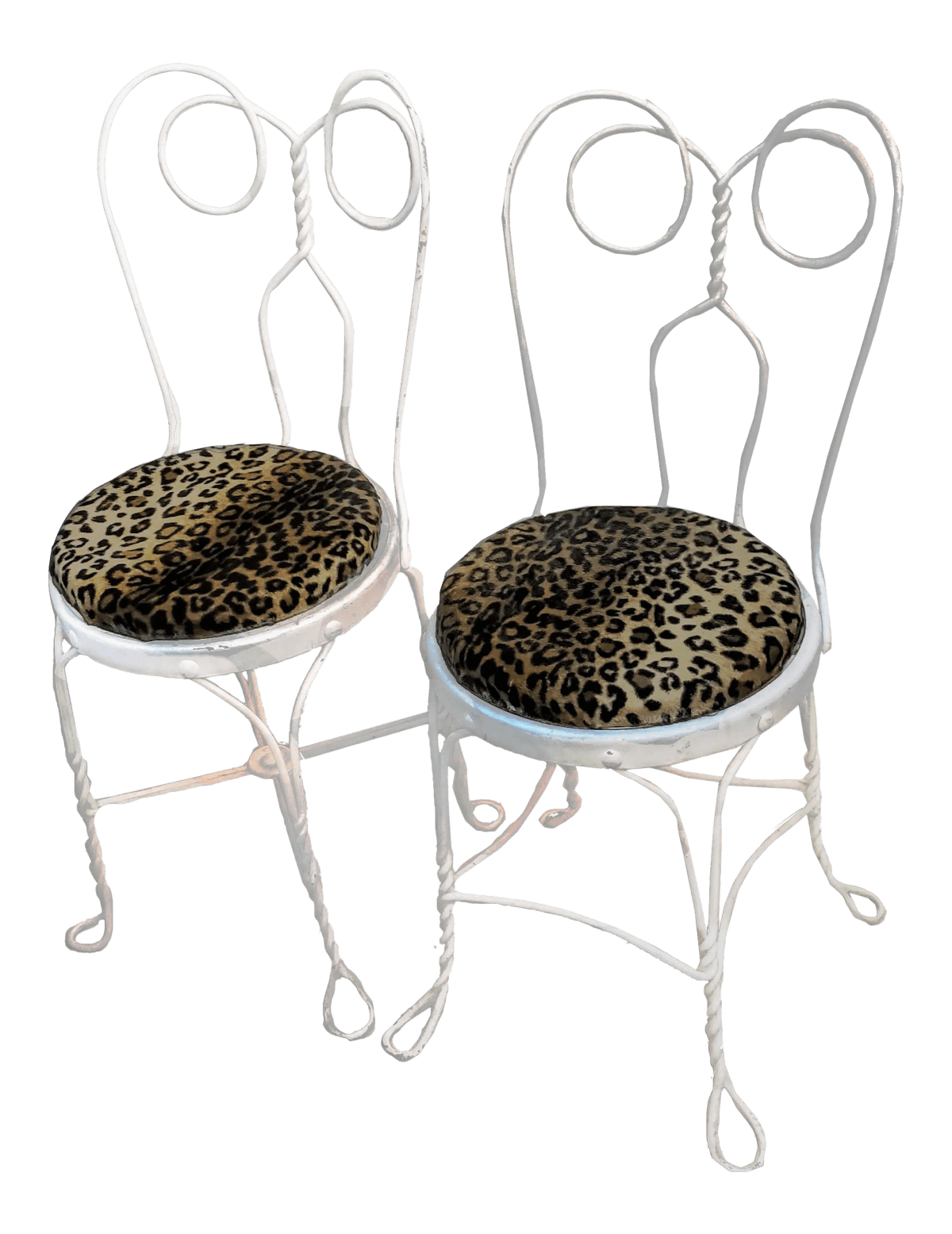 White Ice Cream Parlor "Spectacle" Style Wire Rod Chairs With Leopard Print Covered Seats - a Pair - Thumbnail 2