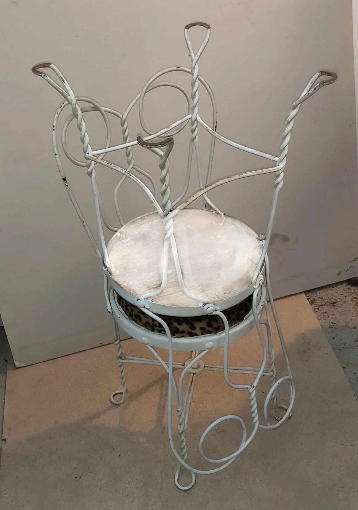 White Ice Cream Parlor "Spectacle" Style Wire Rod Chairs With Leopard Print Covered Seats - a Pair - Thumbnail 7