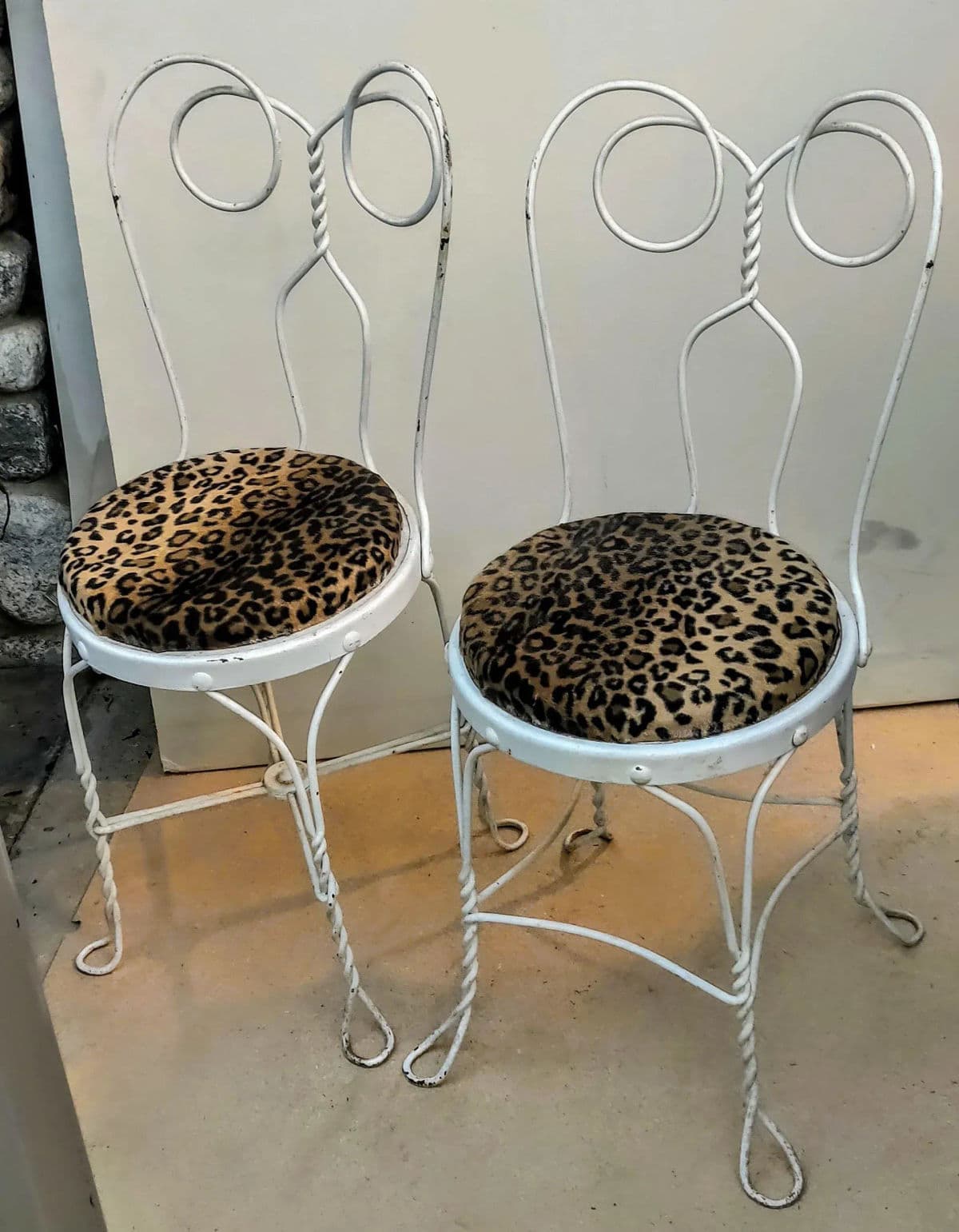 White Ice Cream Parlor "Spectacle" Style Wire Rod Chairs With Leopard Print Covered Seats - a Pair - Thumbnail 5