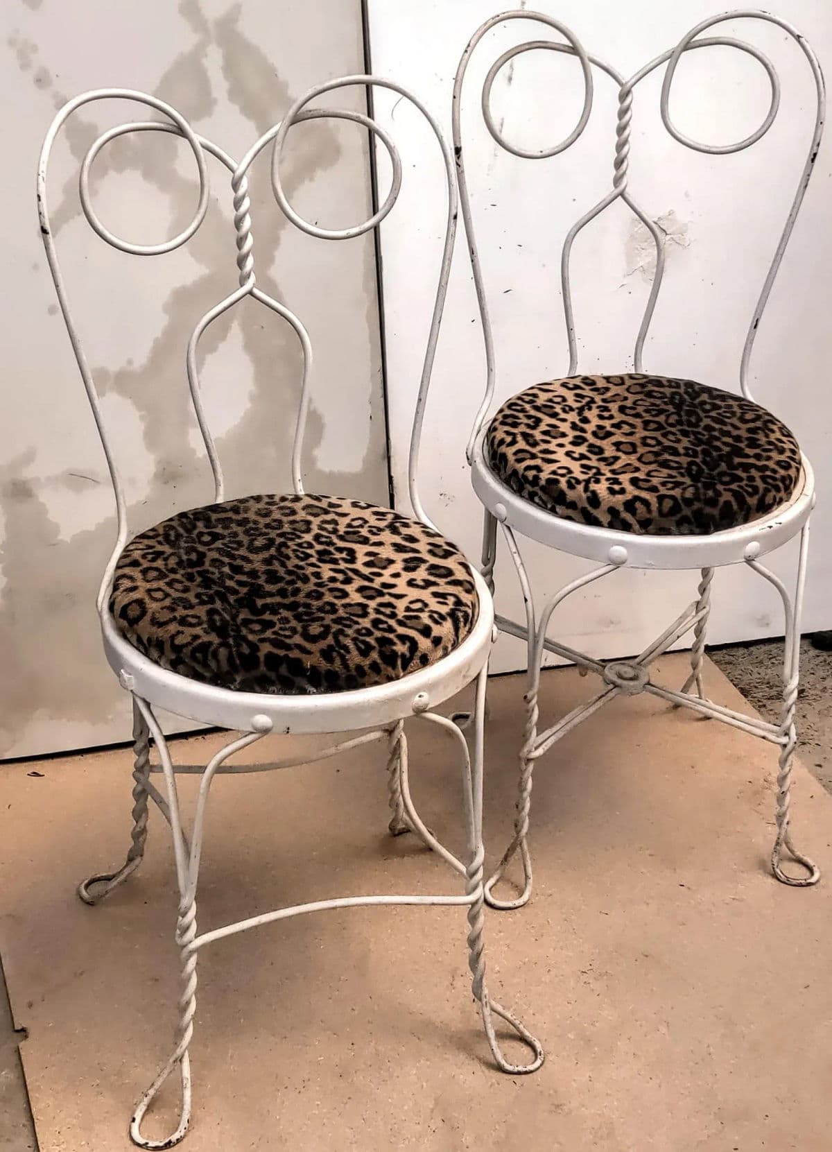 White Ice Cream Parlor "Spectacle" Style Wire Rod Chairs With Leopard Print Covered Seats - a Pair - Thumbnail 3