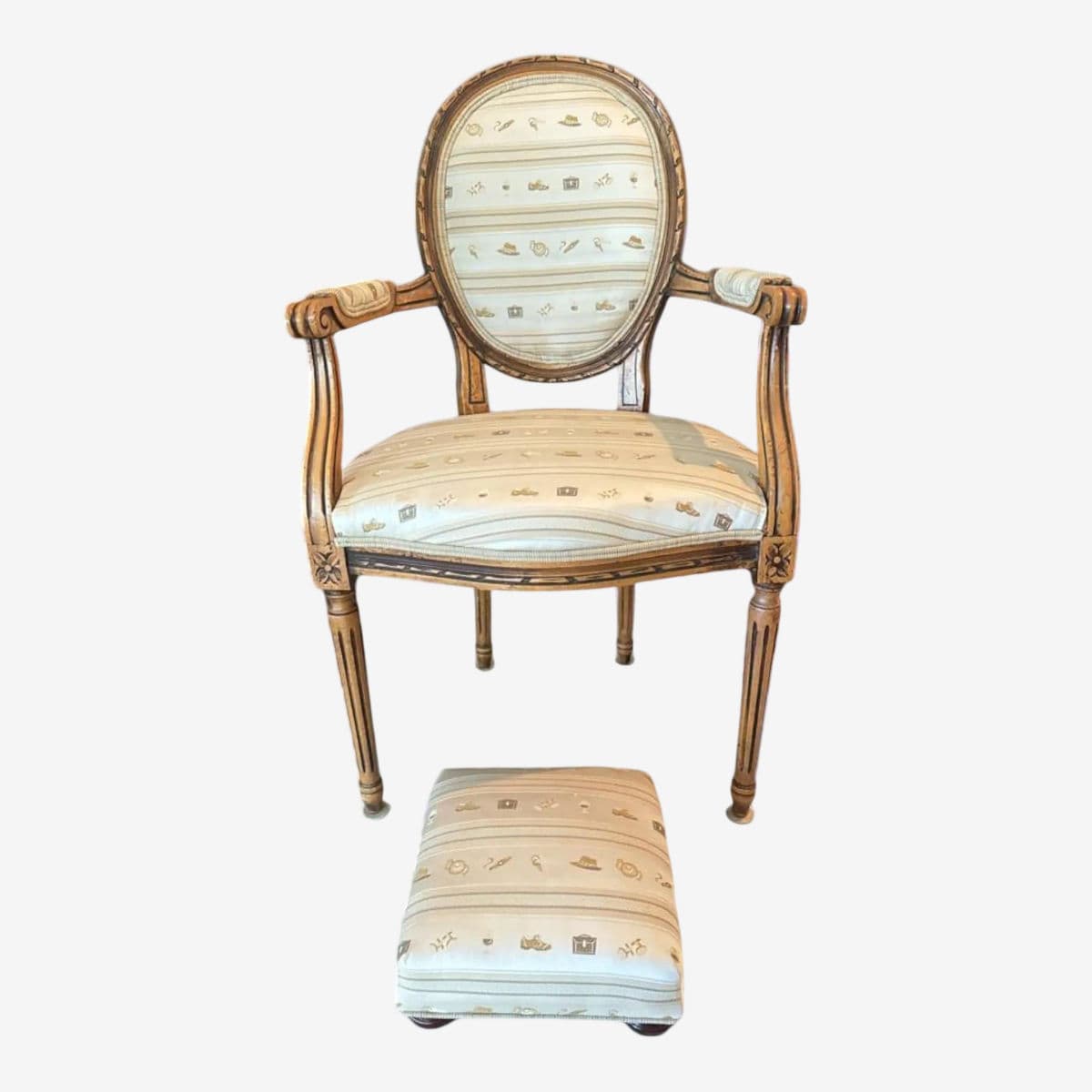 Early 1900s French Louis XVI Style Carved Walnut Fauteuil Fireside Armchair and Matching Ottoman - Image 1