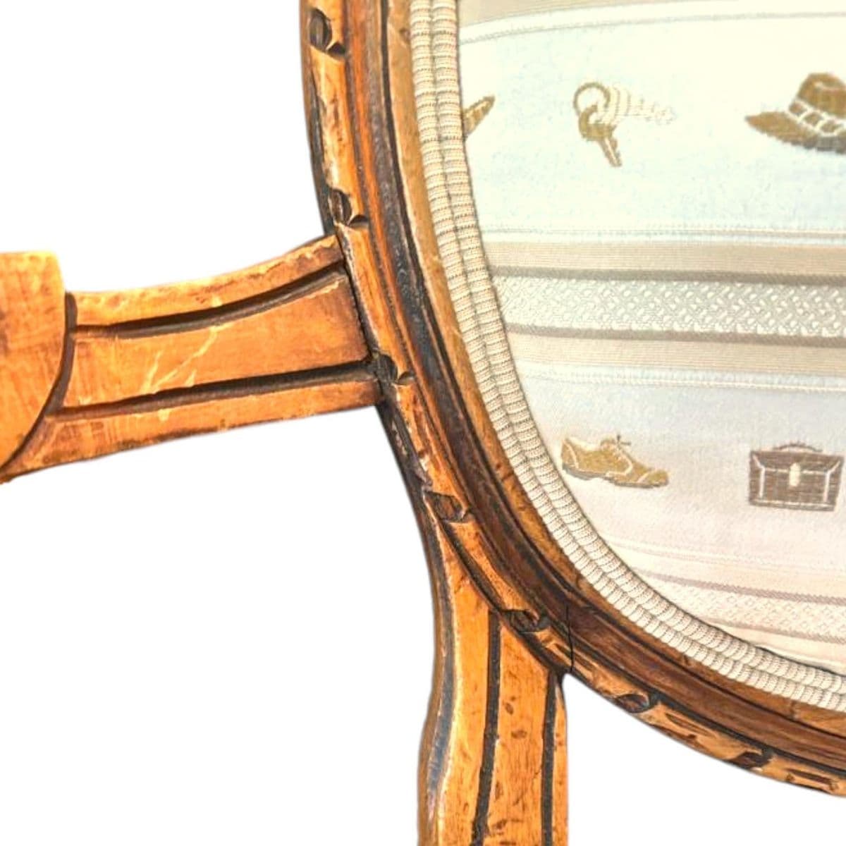 Early 1900s French Louis XVI Style Carved Walnut Fauteuil Fireside Armchair and Matching Ottoman - Thumbnail 5