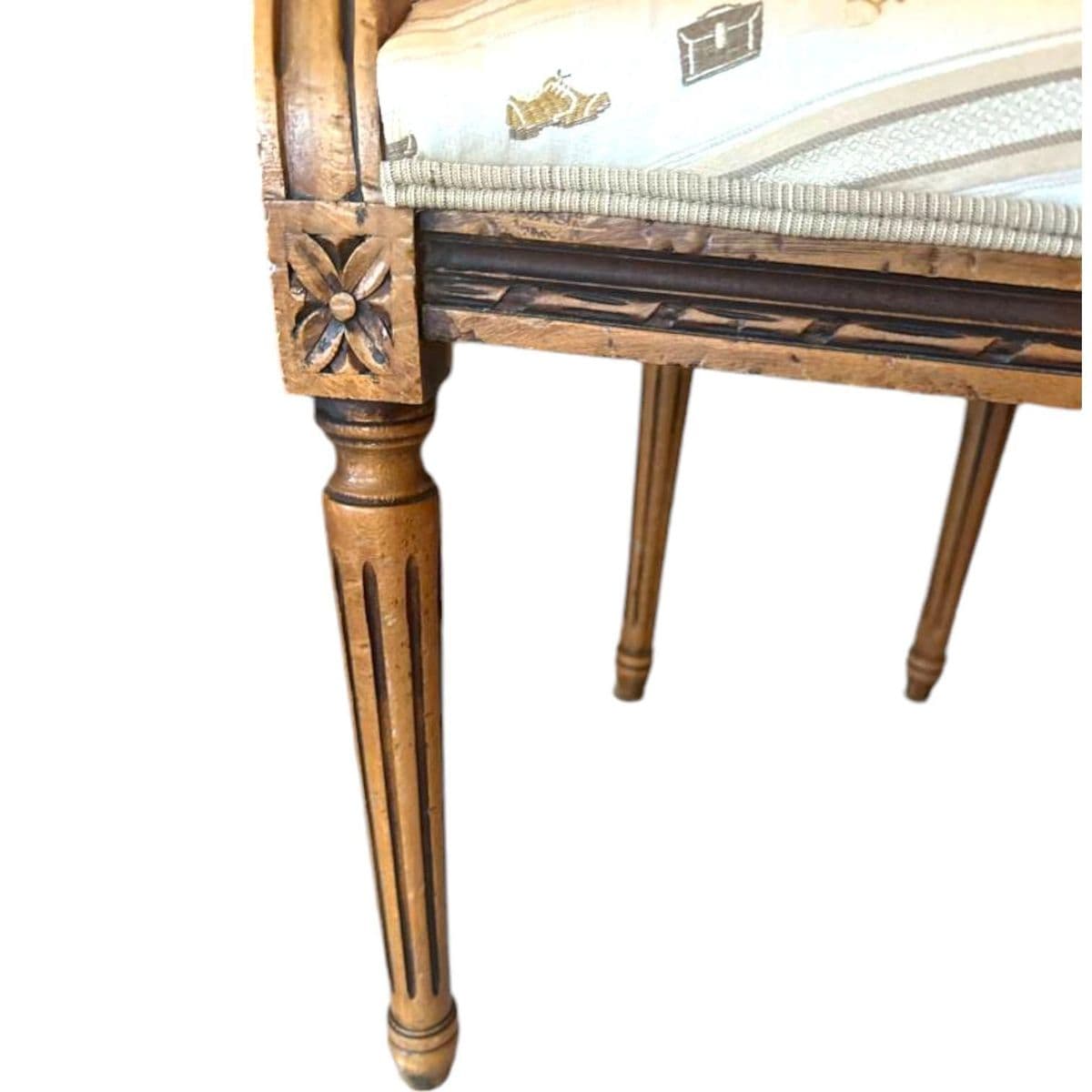 Early 1900s French Louis XVI Style Carved Walnut Fauteuil Fireside Armchair and Matching Ottoman - Thumbnail 13