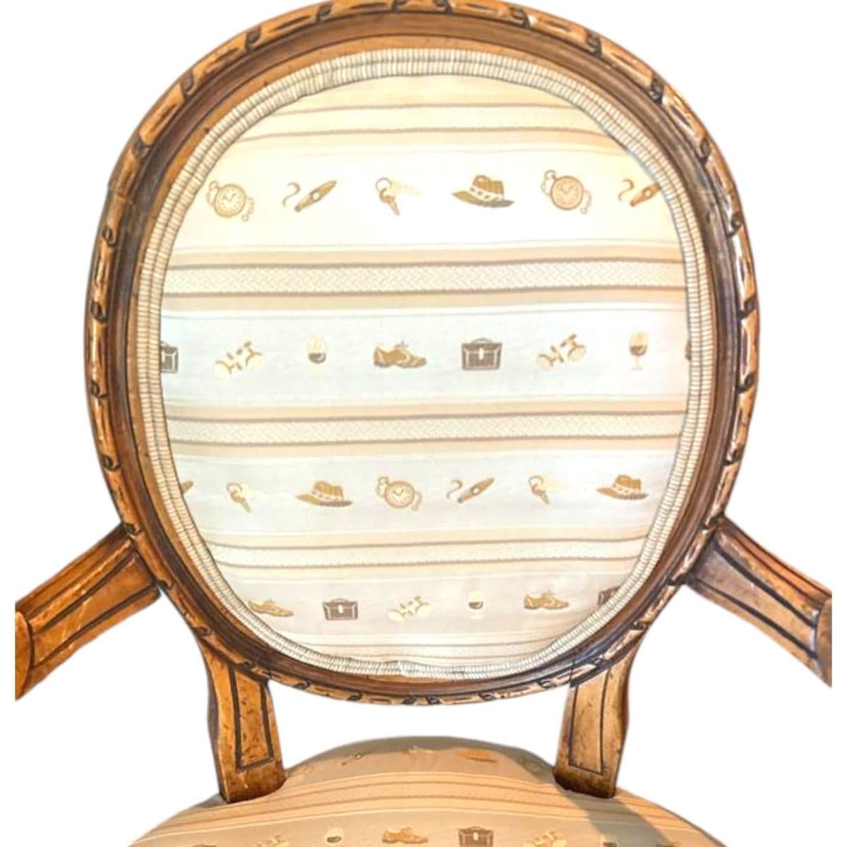 Early 1900s French Louis XVI Style Carved Walnut Fauteuil Fireside Armchair and Matching Ottoman - Thumbnail 4