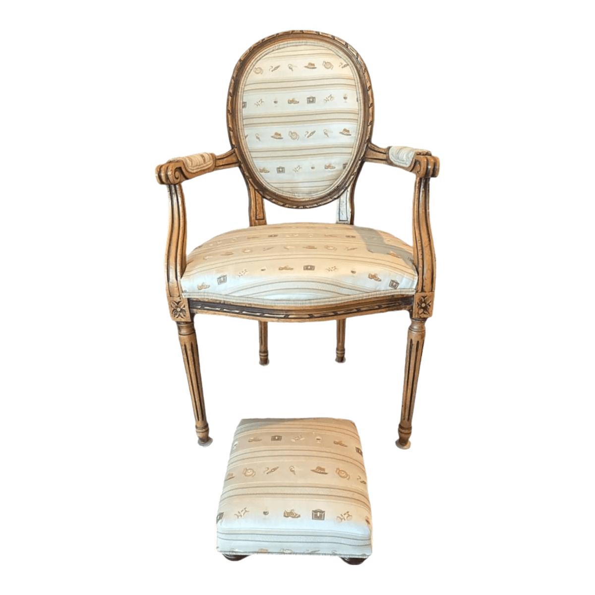 Early 1900s French Louis XVI Style Carved Walnut Fauteuil Fireside Armchair and Matching Ottoman - Thumbnail 2