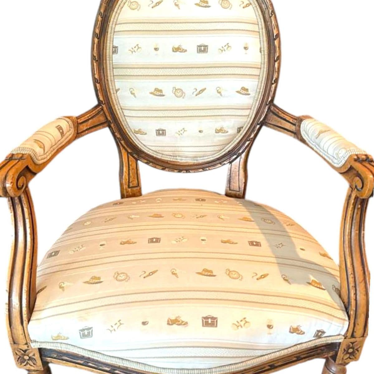 Early 1900s French Louis XVI Style Carved Walnut Fauteuil Fireside Armchair and Matching Ottoman - Thumbnail 3