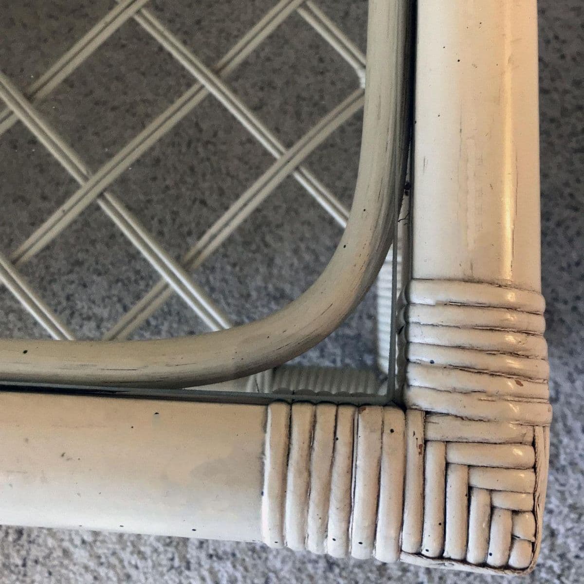 1990s White Rattan Ficks Reed Style Side Table With Latticed Lower Shelf - Thumbnail 7