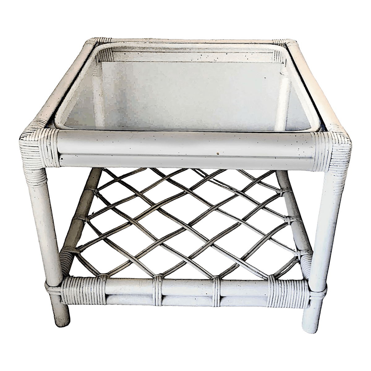 1990s White Rattan Ficks Reed Style Side Table With Latticed Lower Shelf - Thumbnail 2