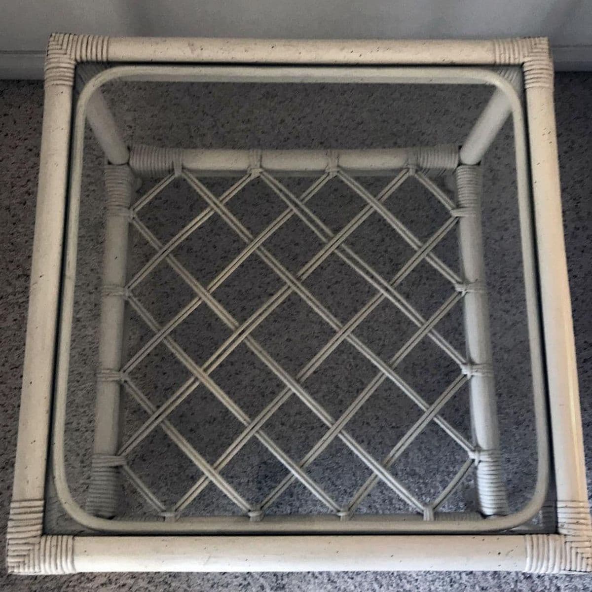 1990s White Rattan Ficks Reed Style Side Table With Latticed Lower Shelf - Thumbnail 11