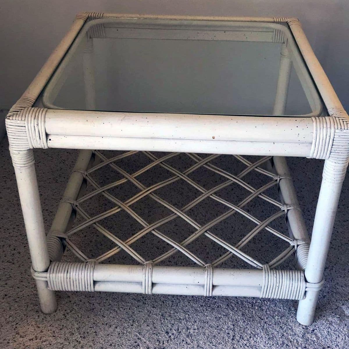 1990s White Rattan Ficks Reed Style Side Table With Latticed Lower Shelf - Thumbnail 12