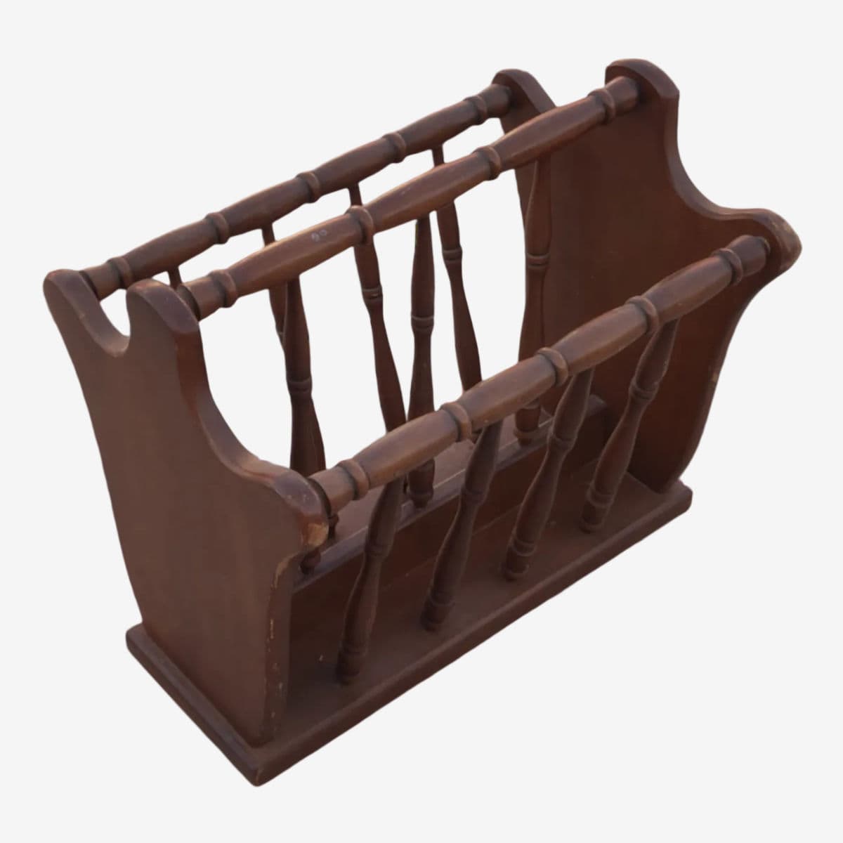 Vintage Turned Wood Colonial Style Espresso Stained Magazine Rack With Center Handle - Image 1