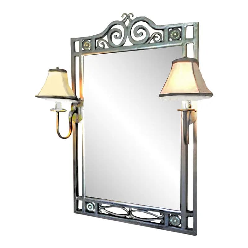 1990s Silver Gray Wrought Iron Framed Wall Mirror With Attached Flanking Sconces - Thumbnail 3