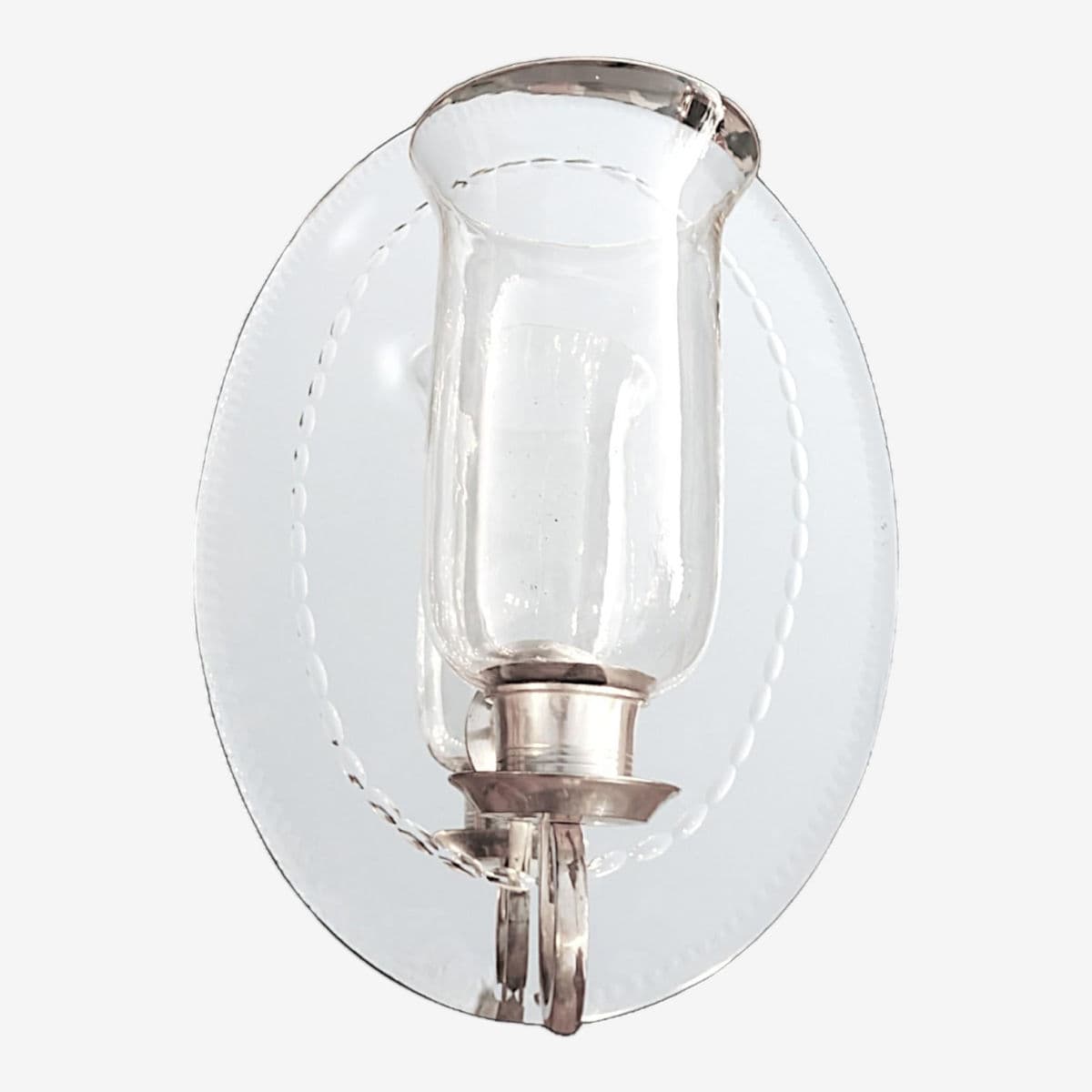 190 Hurricane Lamp Style Candle Sconce Attached to Etched Antique Oval Wall Mirror - Image 1