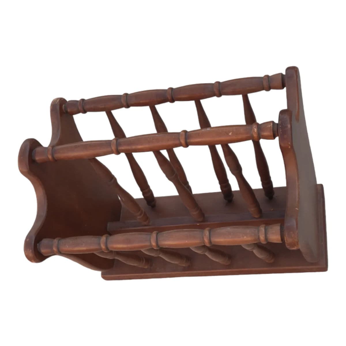 Vintage Turned Wood Colonial Style Espresso Stained Magazine Rack With Center Handle - Thumbnail 6