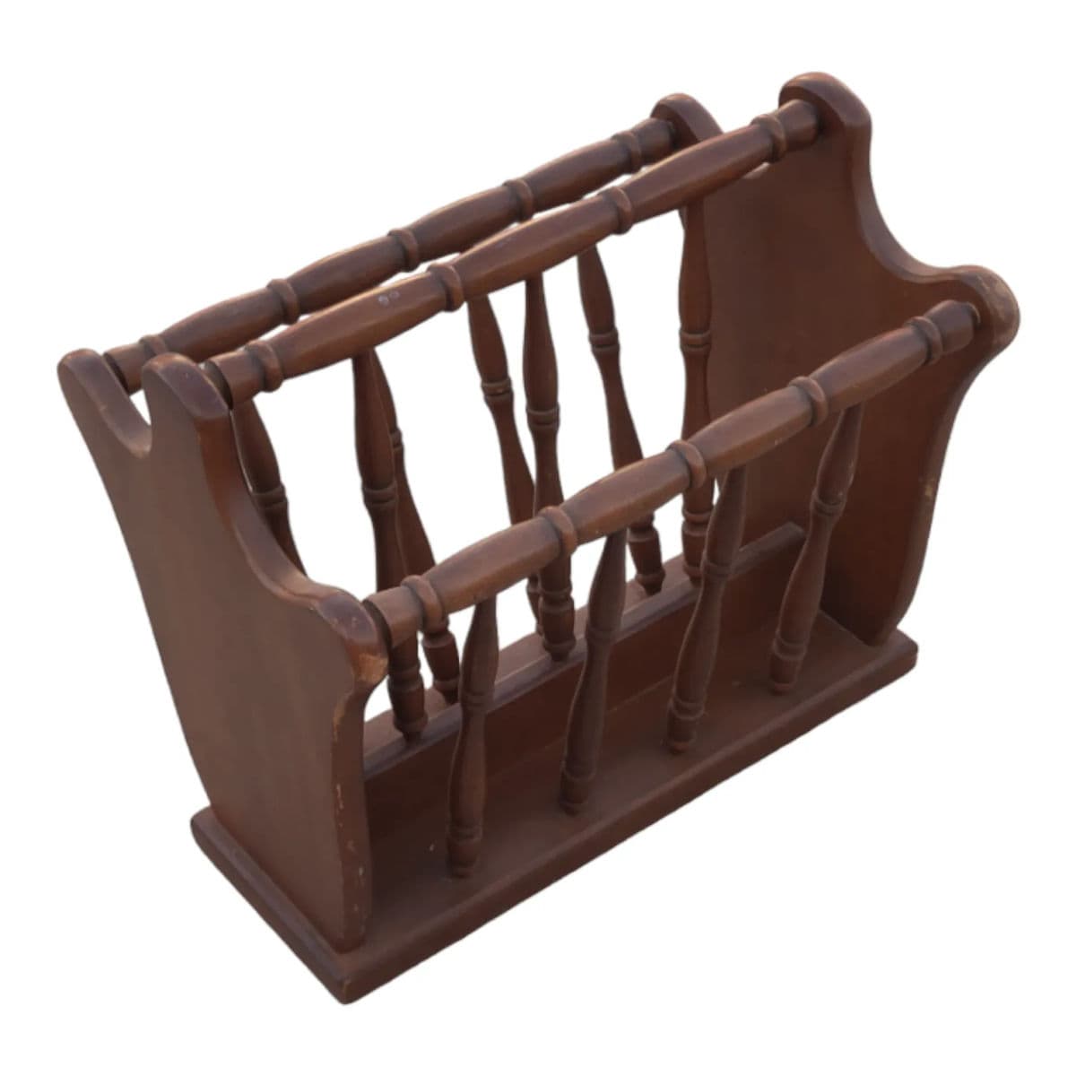 Vintage Turned Wood Colonial Style Espresso Stained Magazine Rack With Center Handle - Thumbnail 8