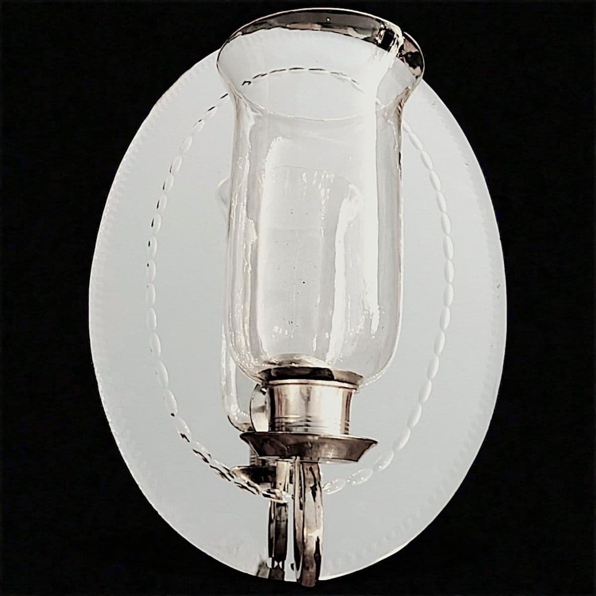 190 Hurricane Lamp Style Candle Sconce Attached to Etched Antique Oval Wall Mirror - Thumbnail 8