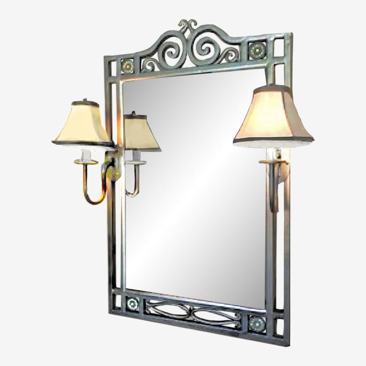 1990s Silver Gray Wrought Iron Framed Wall Mirror With Attached Flanking Sconces - Image 1