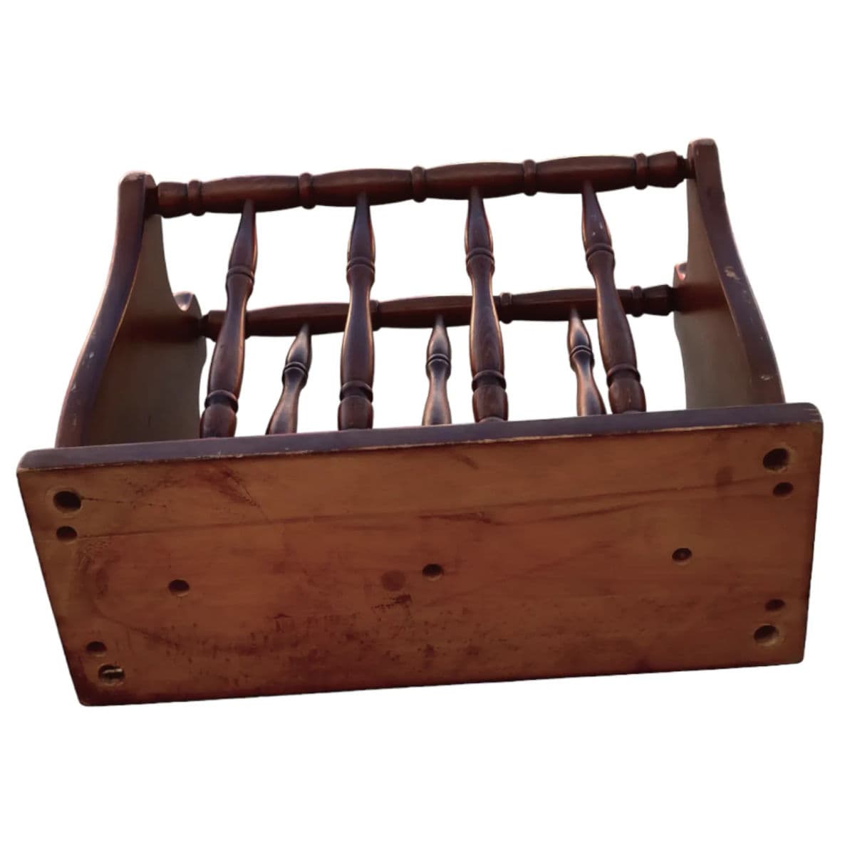 Vintage Turned Wood Colonial Style Espresso Stained Magazine Rack With Center Handle - Thumbnail 9