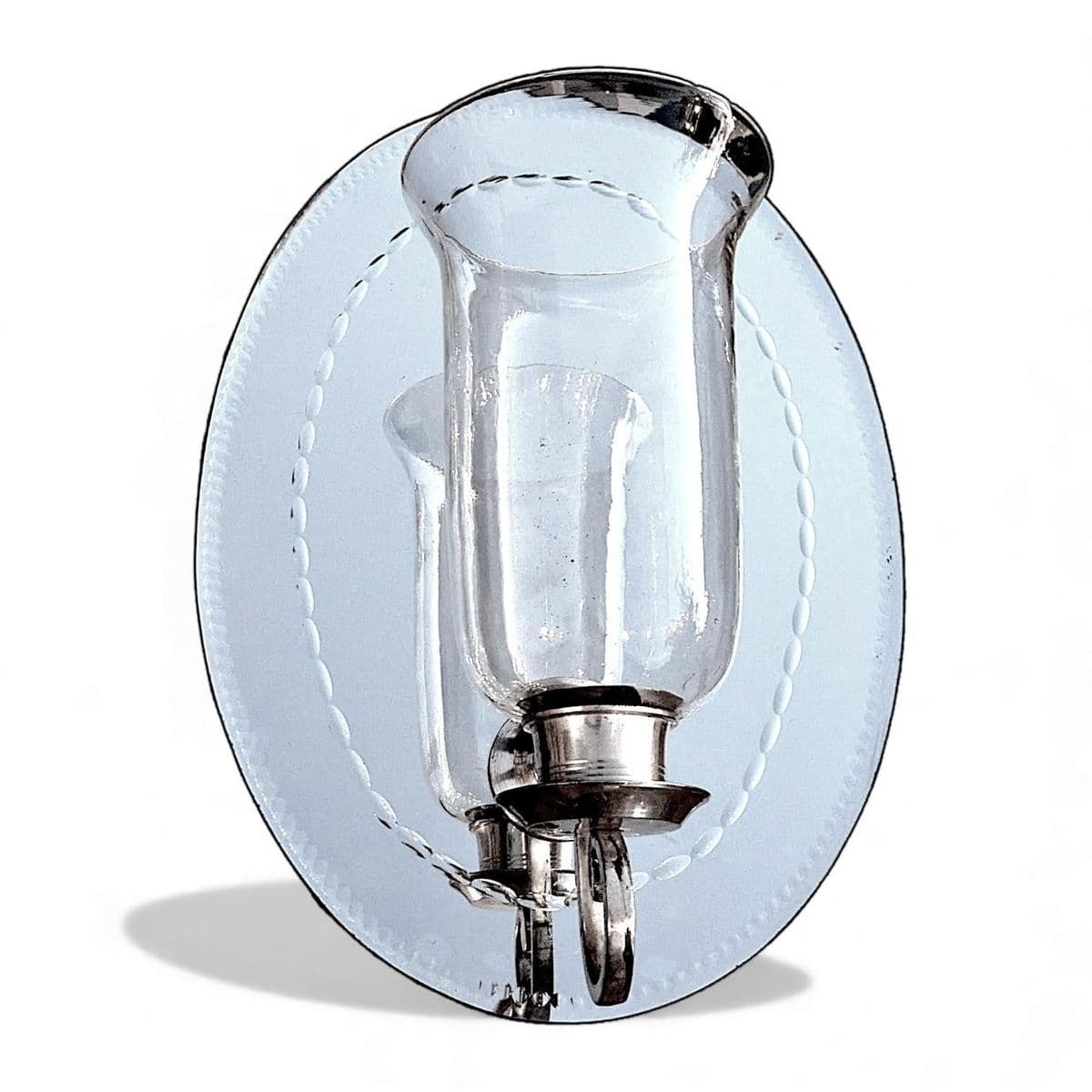 190 Hurricane Lamp Style Candle Sconce Attached to Etched Antique Oval Wall Mirror - Thumbnail 3