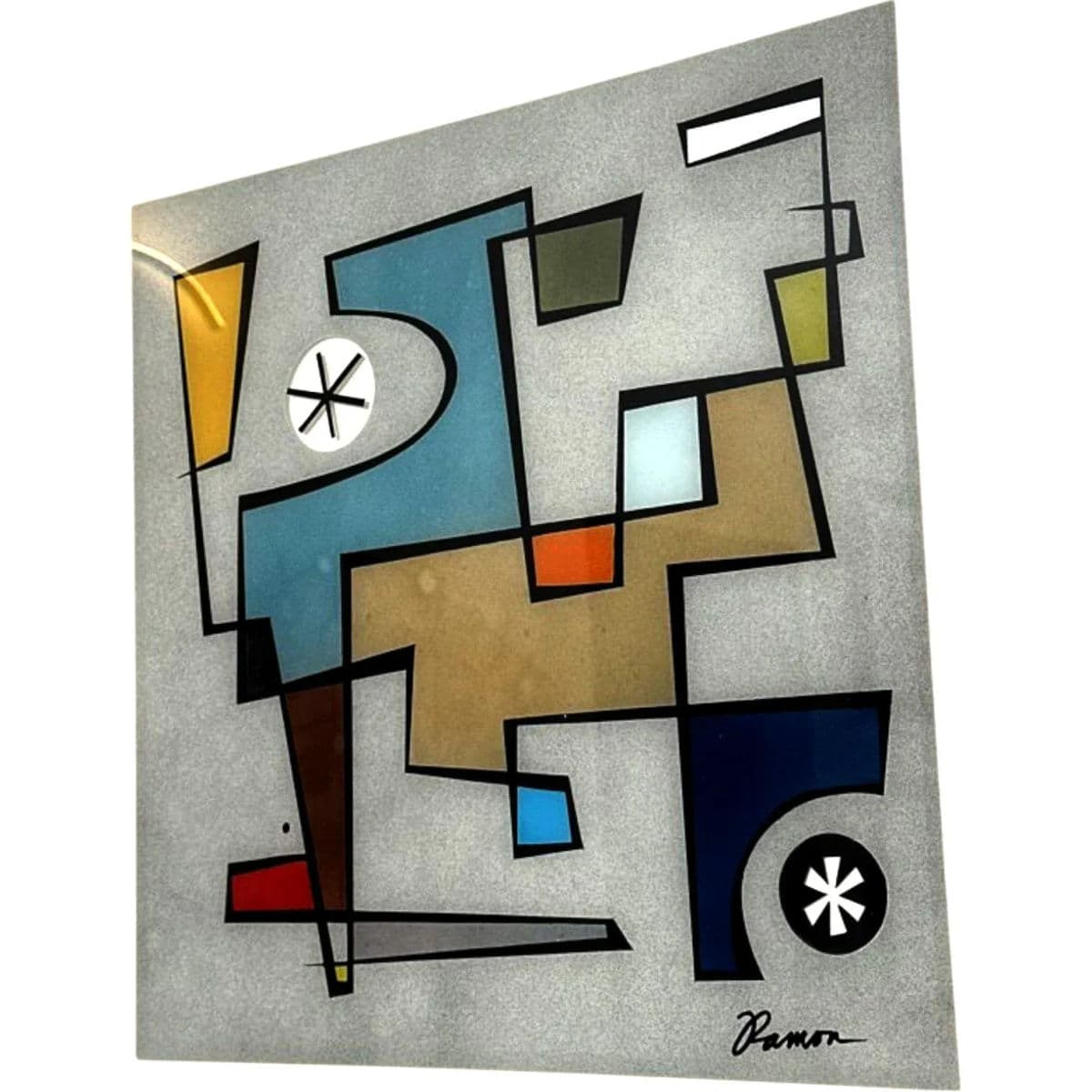 Modernist Abstract Print With Verre Églomisé by Ramon – Framed Geometric Composition - Thumbnail 12
