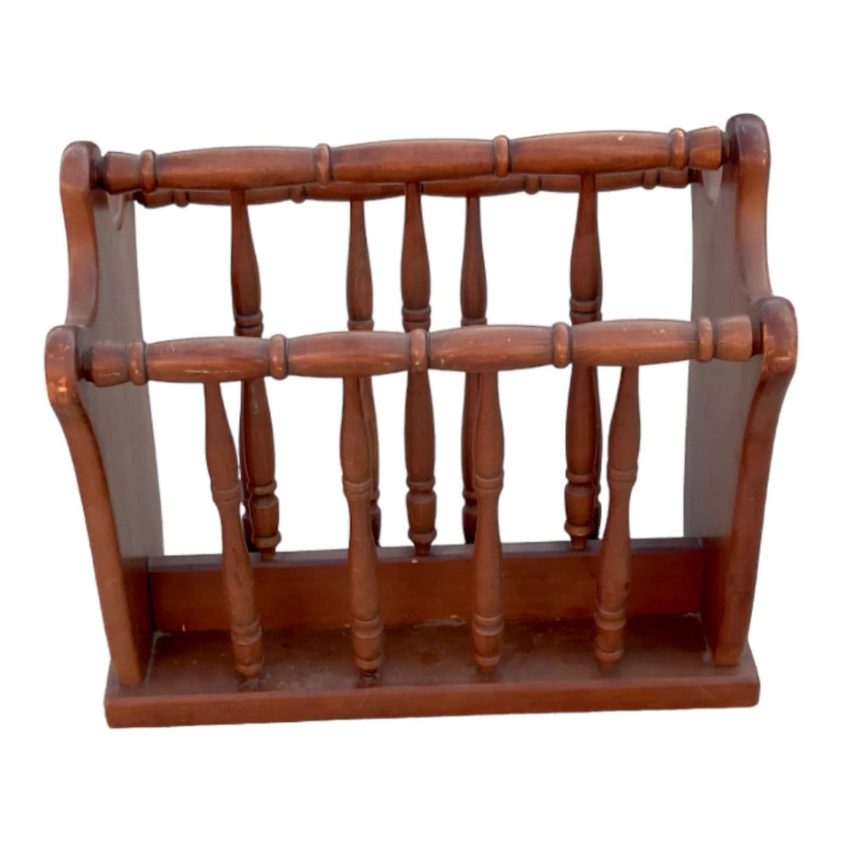 Vintage Turned Wood Colonial Style Espresso Stained Magazine Rack With Center Handle - Thumbnail 7