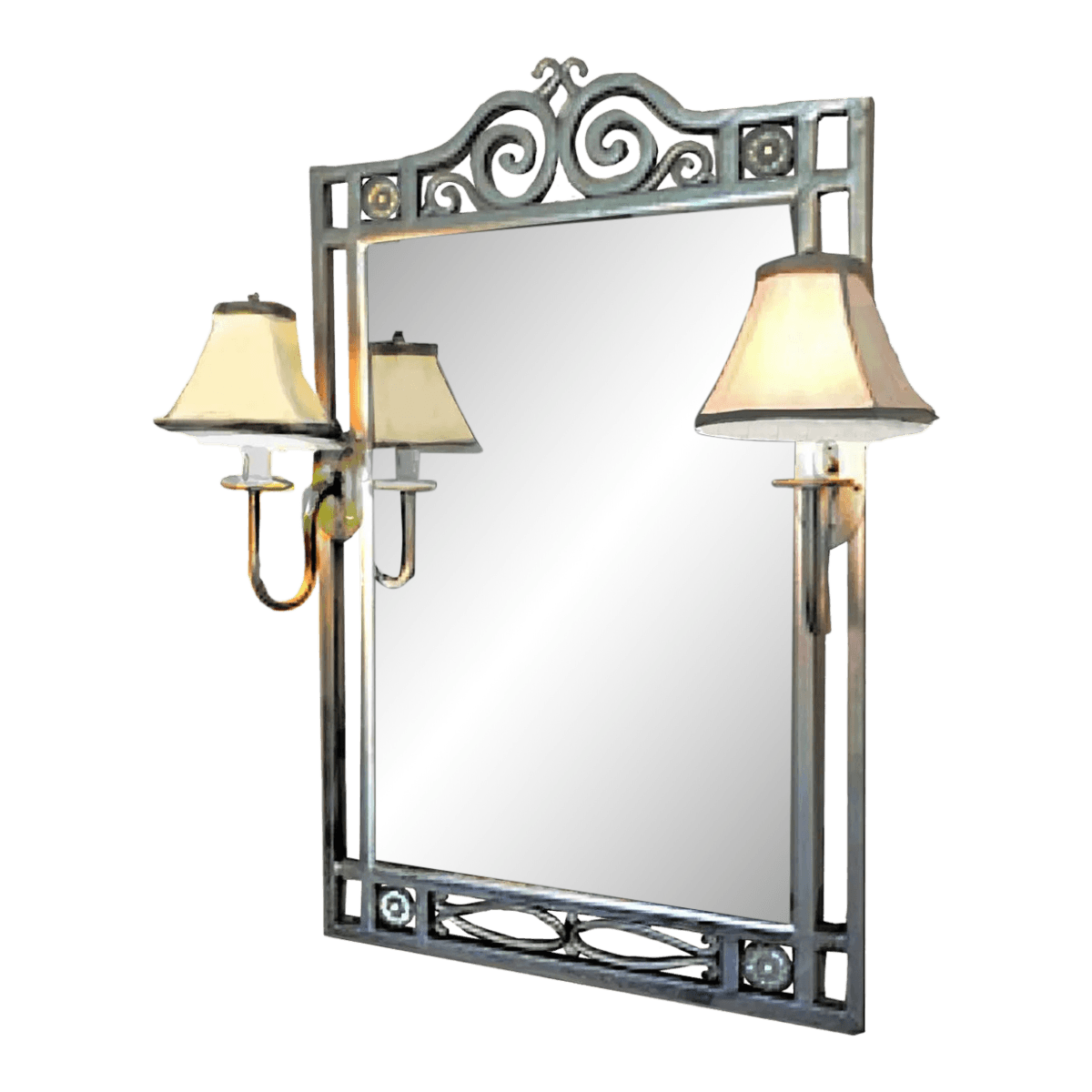 1990s Silver Gray Wrought Iron Framed Wall Mirror With Attached Flanking Sconces - Thumbnail 2