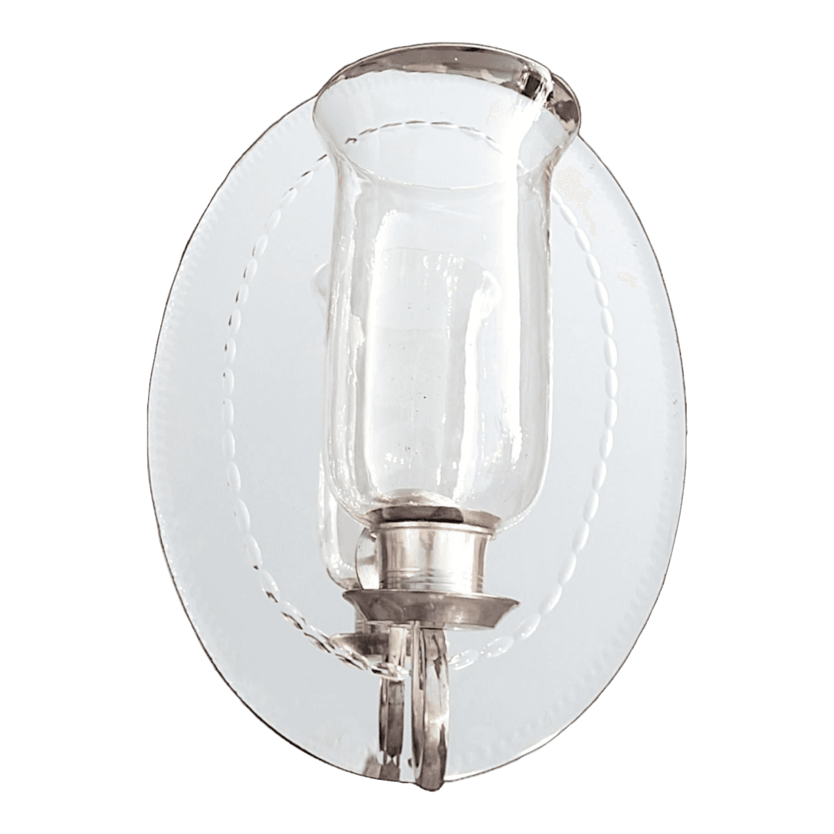 190 Hurricane Lamp Style Candle Sconce Attached to Etched Antique Oval Wall Mirror - Thumbnail 2