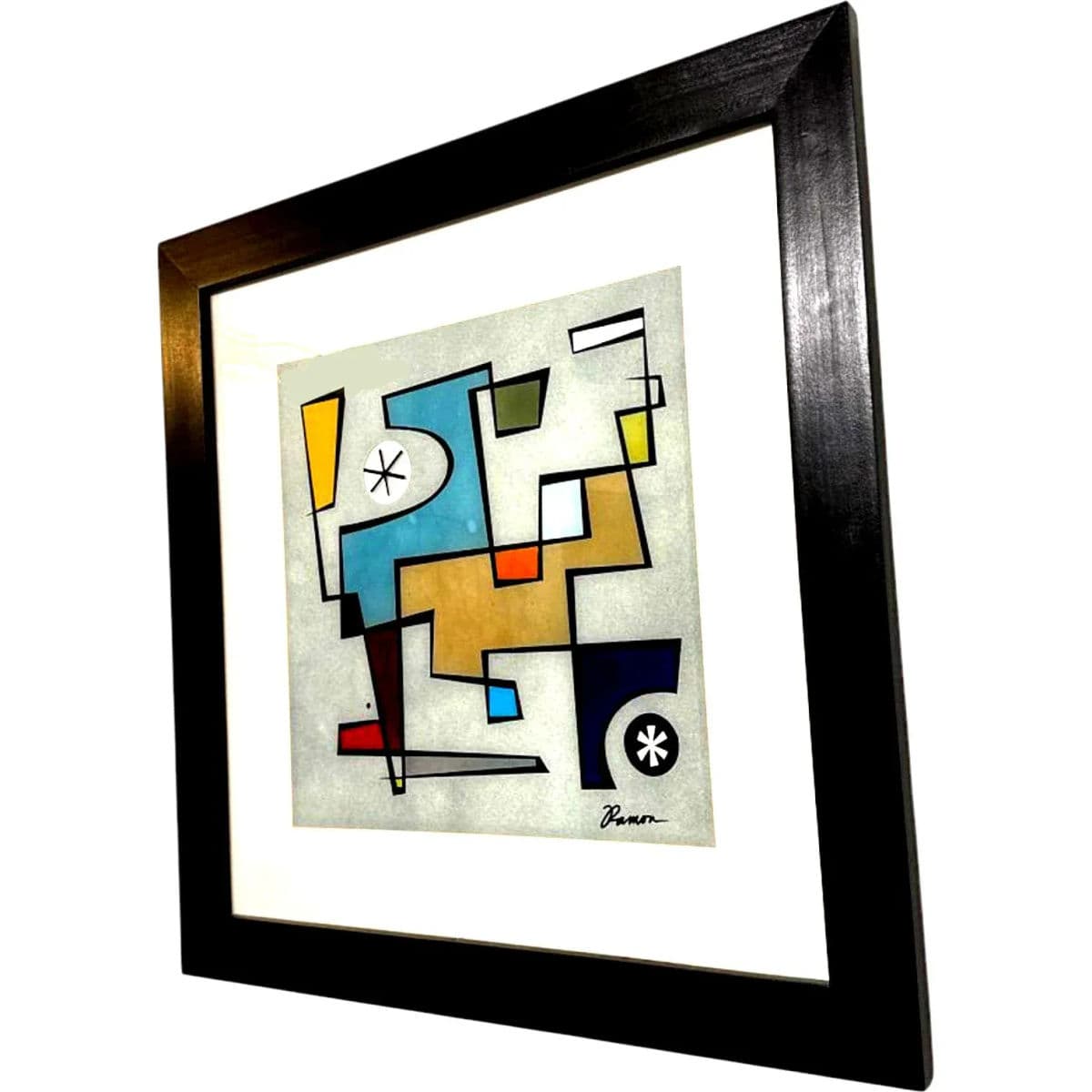 Modernist Abstract Print With Verre Églomisé by Ramon – Framed Geometric Composition - Thumbnail 3