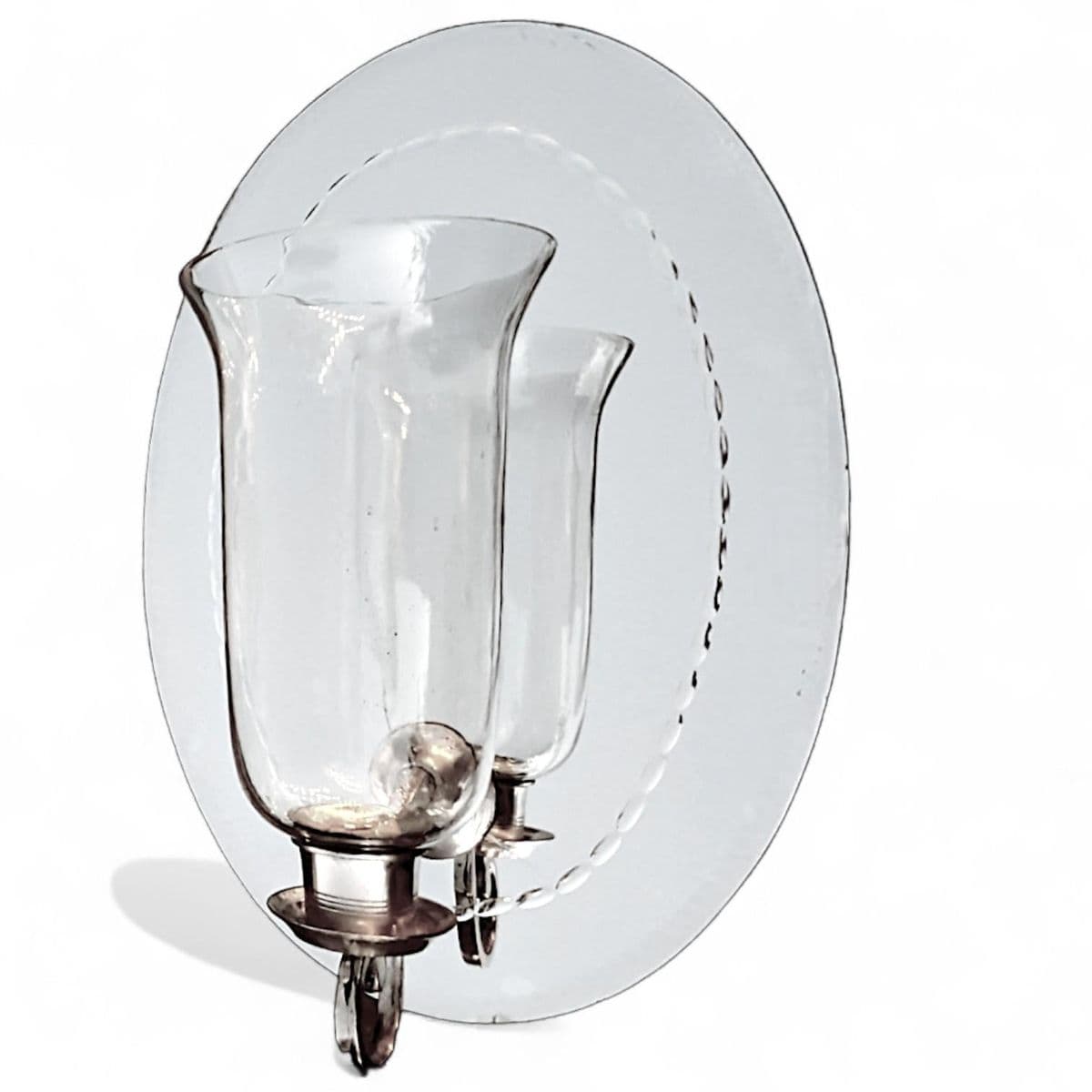 190 Hurricane Lamp Style Candle Sconce Attached to Etched Antique Oval Wall Mirror - Thumbnail 14