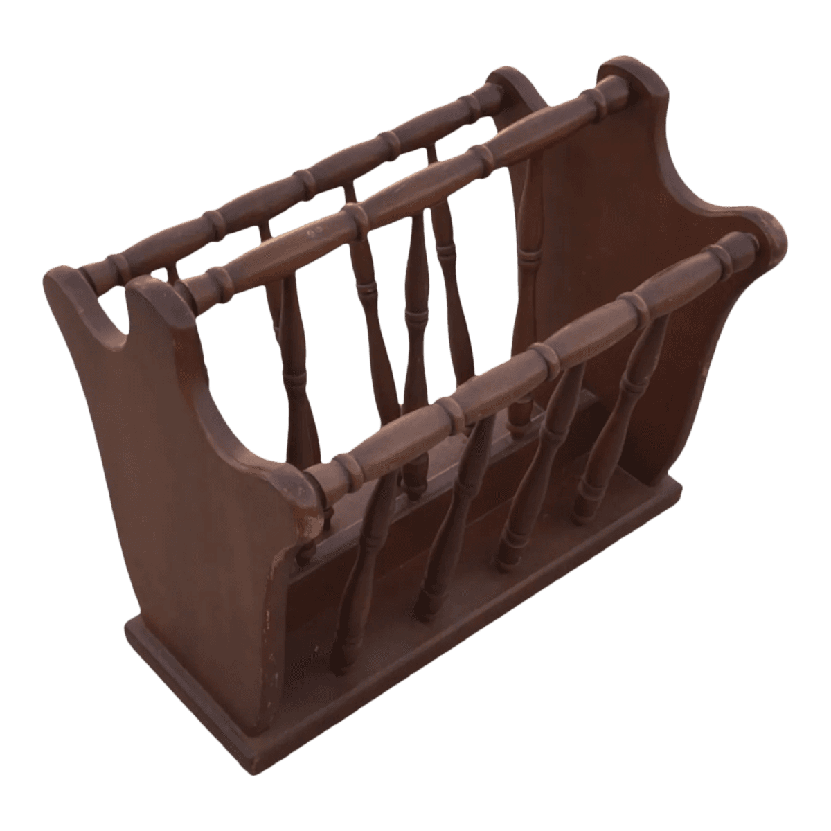Vintage Turned Wood Colonial Style Espresso Stained Magazine Rack With Center Handle - Thumbnail 2