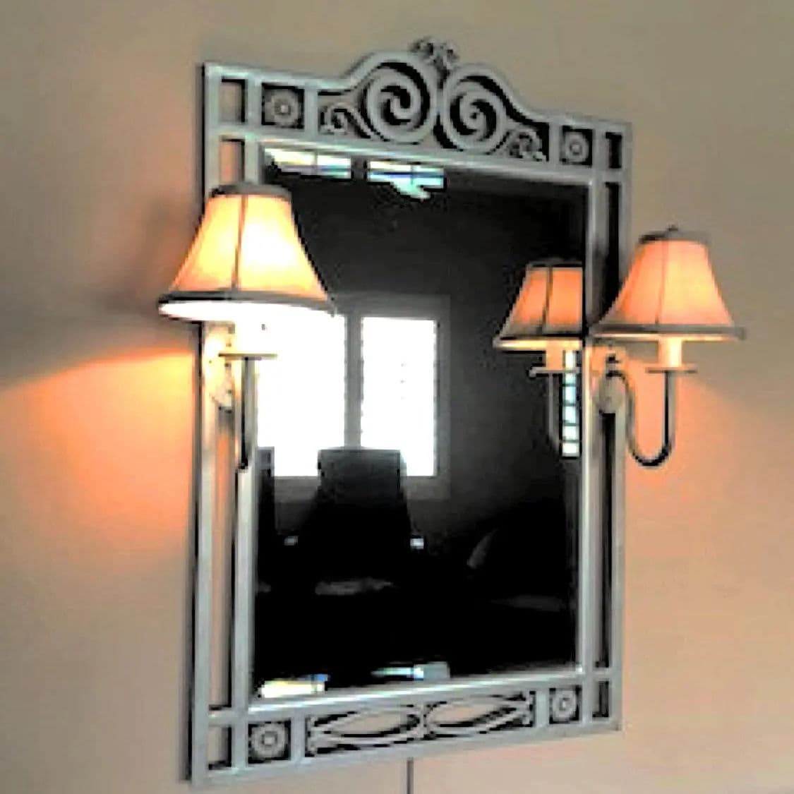 1990s Silver Gray Wrought Iron Framed Wall Mirror With Attached Flanking Sconces - Thumbnail 8