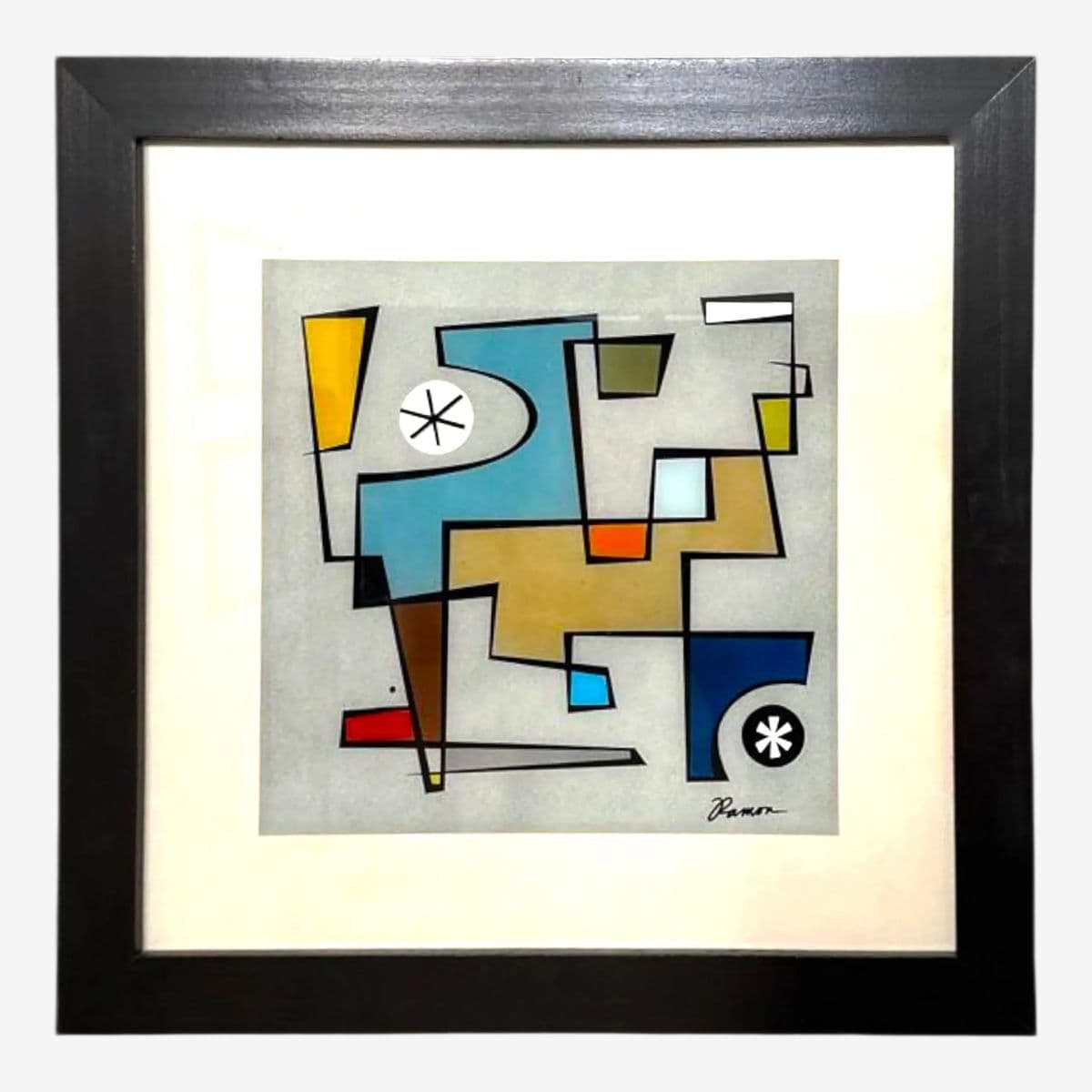 Modernist Abstract Print With Verre Églomisé by Ramon – Framed Geometric Composition - Image 1
